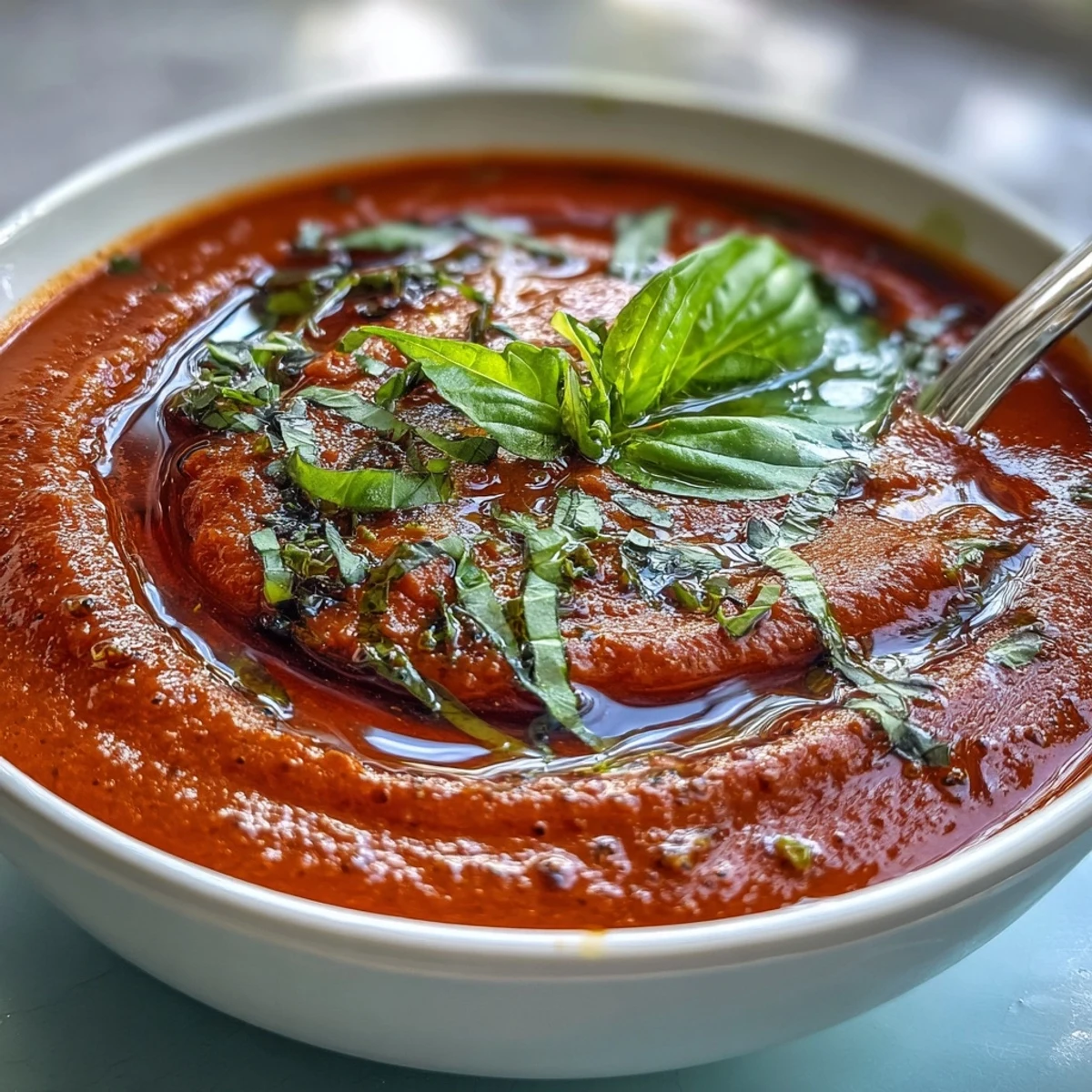A bowl of homemade Tomato and Basil Soup with a swirl of cream and fresh basil garnish served with crusty bread.