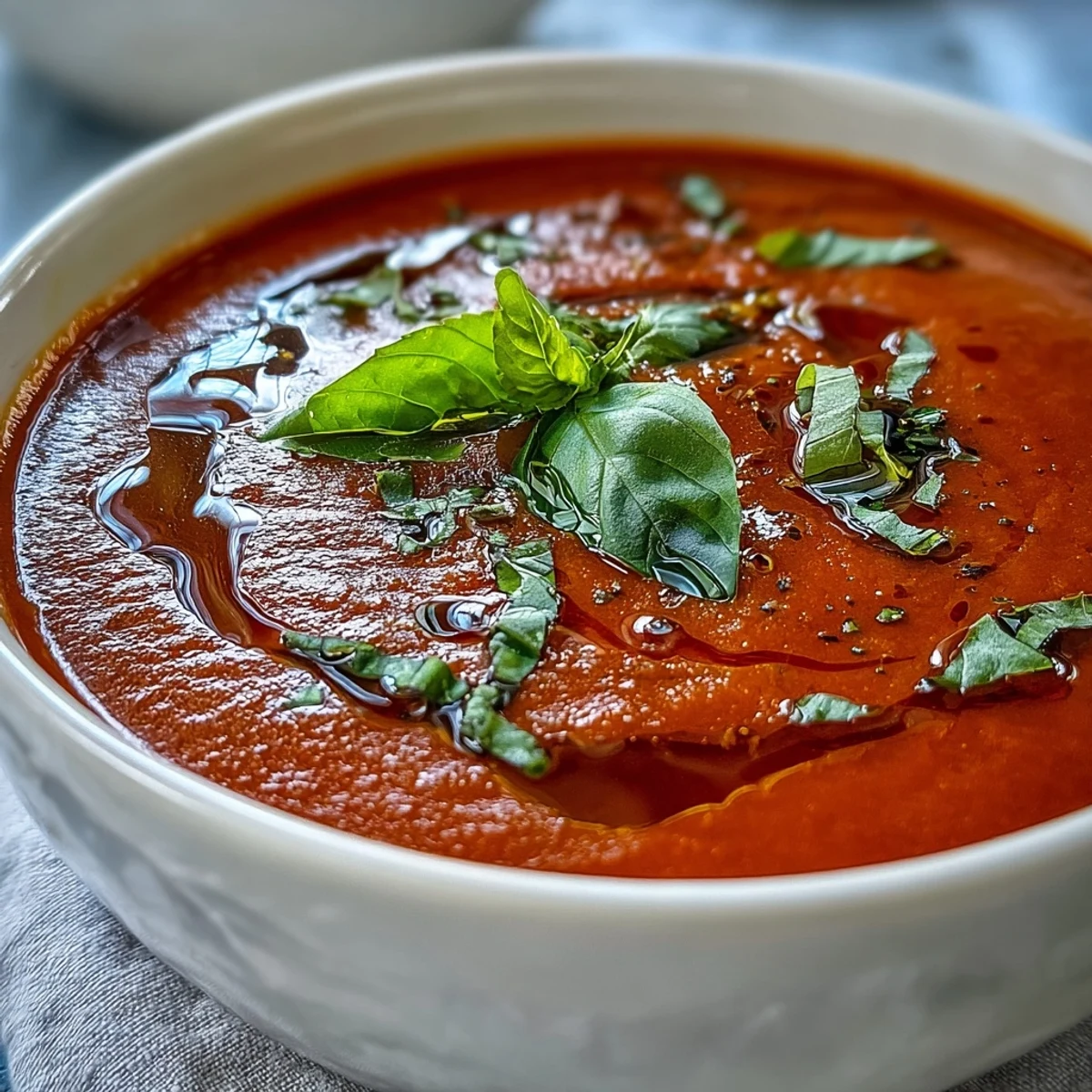 Silky smooth Tomato and Basil Soup simmering in a rustic pot with steam rising and fresh basil leaves.