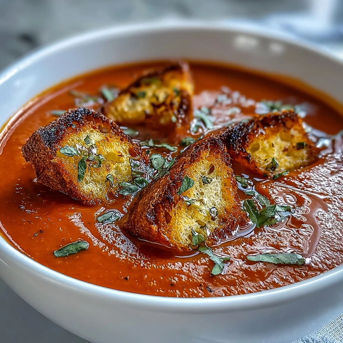 A vibrant bowl of roasted tomato soup with crispy homemade croutons ready for serving.