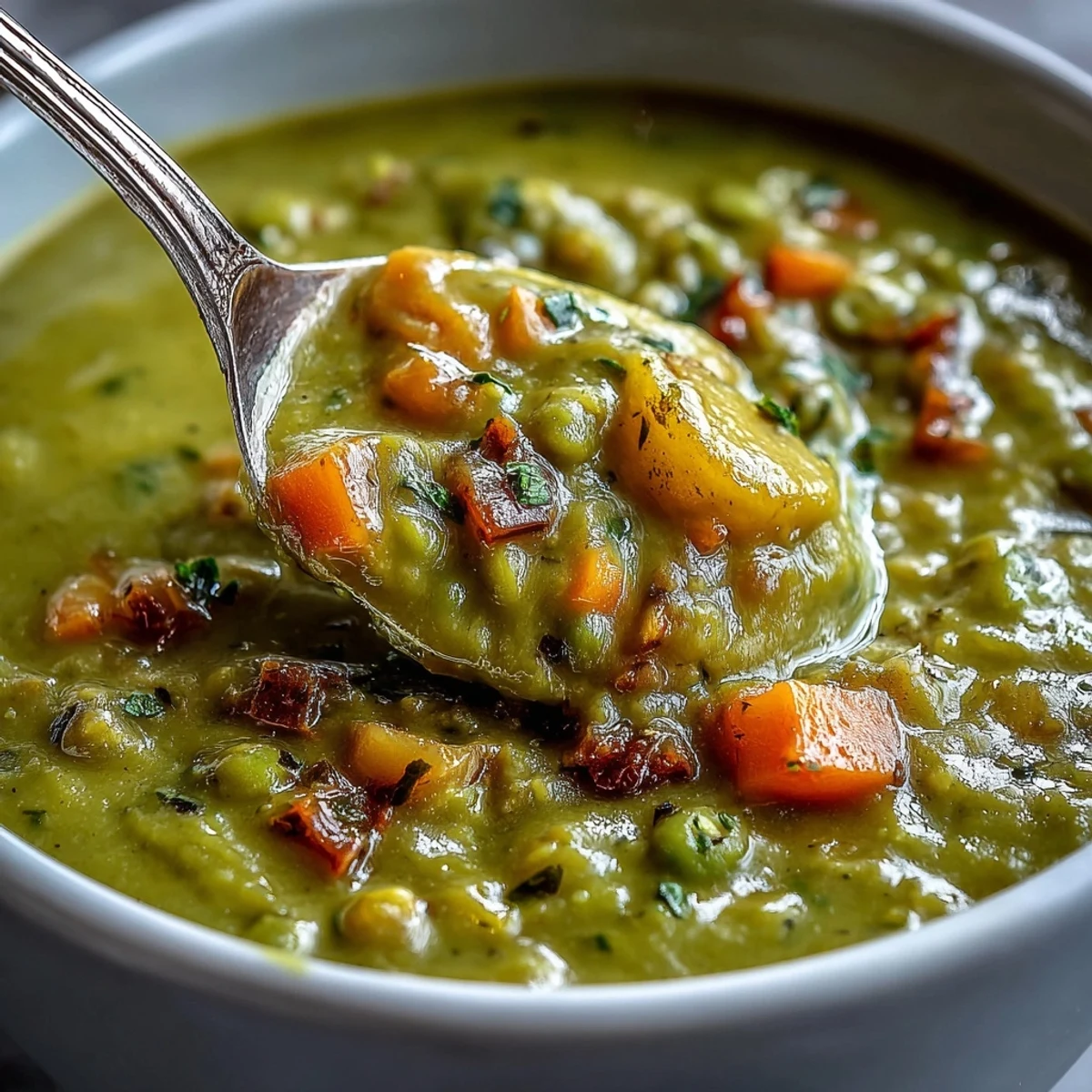 Hearty Split Pea Soup simmering in a pot with diced carrots, celery, and smoked ham for warmth.  