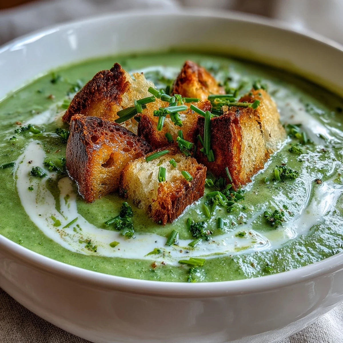 Smooth, creamy broccoli soup with a swirl of cream, served hot in a rustic bowl.