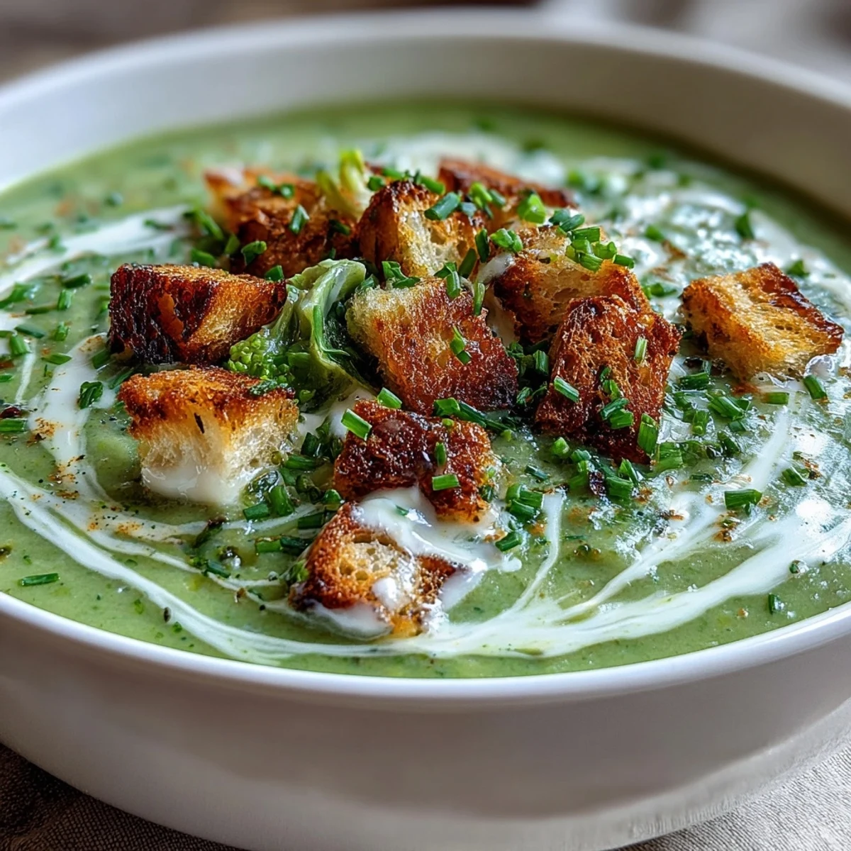 A close-up of creamy broccoli soup garnished with fresh chives and crunchy croutons.