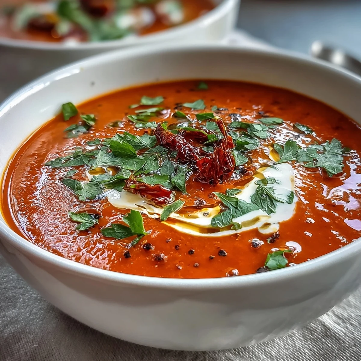 Vibrant, charred red peppers blended into a silky soup with caramelized garlic and a hint of harissa, perfect for a cozy lunch.  