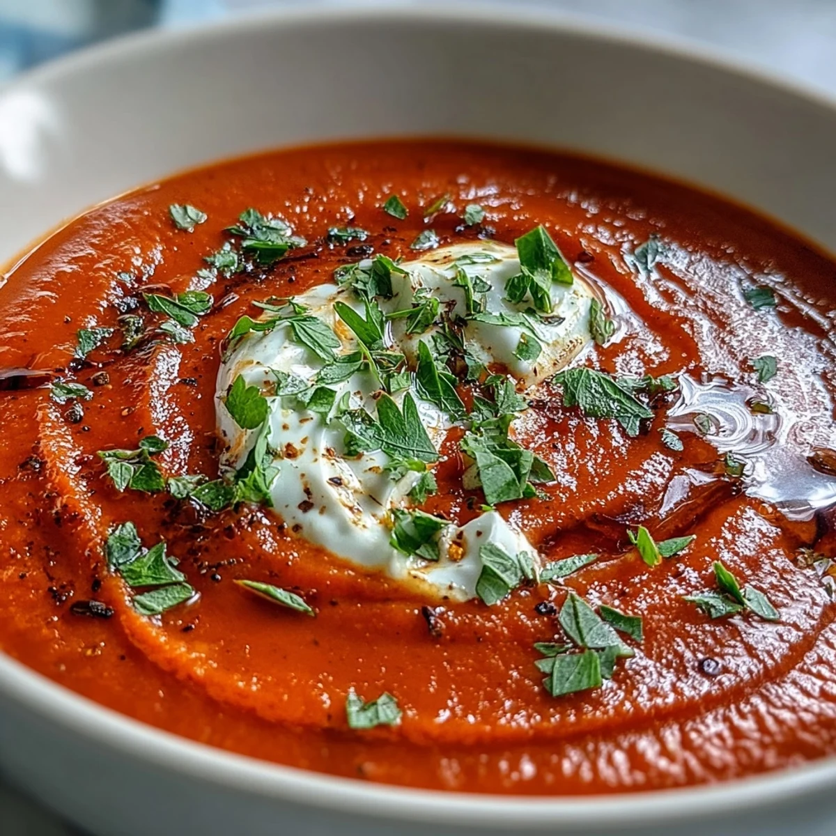 Warm roasted red pepper soup steaming in a rustic bowl, garnished with herbs and yogurt, ideal for a Mediterranean-inspired dinner.