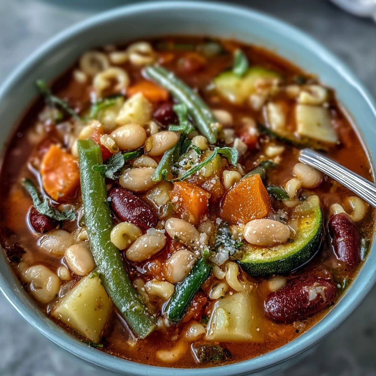 A steaming bowl of homemade Minestrone Vegetable Soup with colorful vegetables, beans, and pasta in a rustic Italian setting.  
