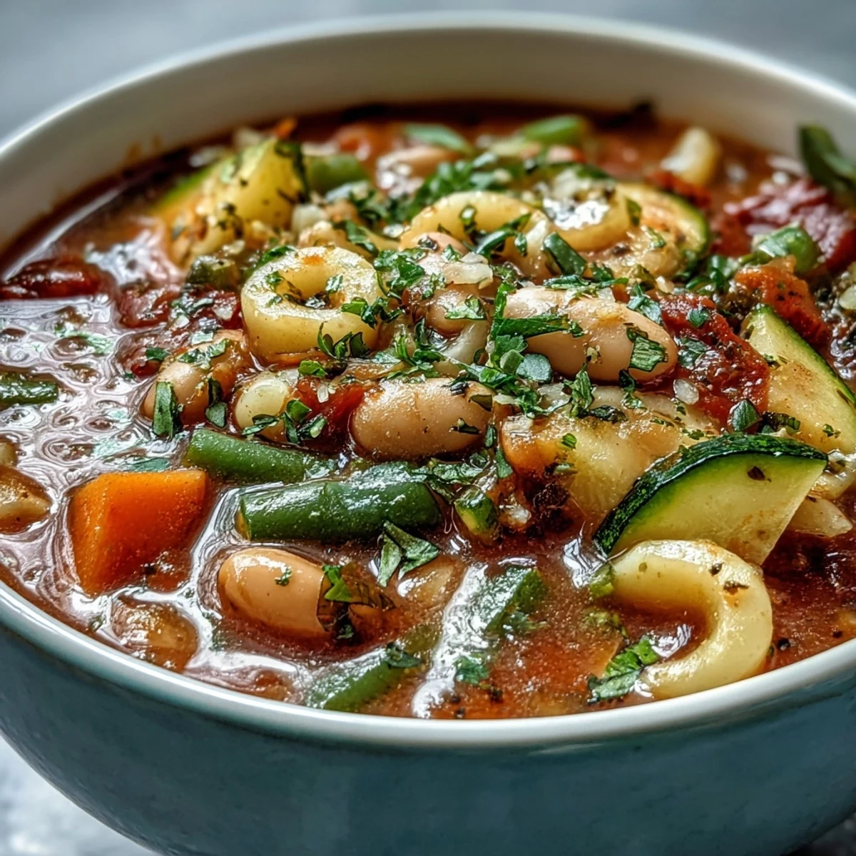Overhead view of Minestrone Vegetable Soup garnished with fresh parsley and Parmesan, next to a slice of crusty bread.  