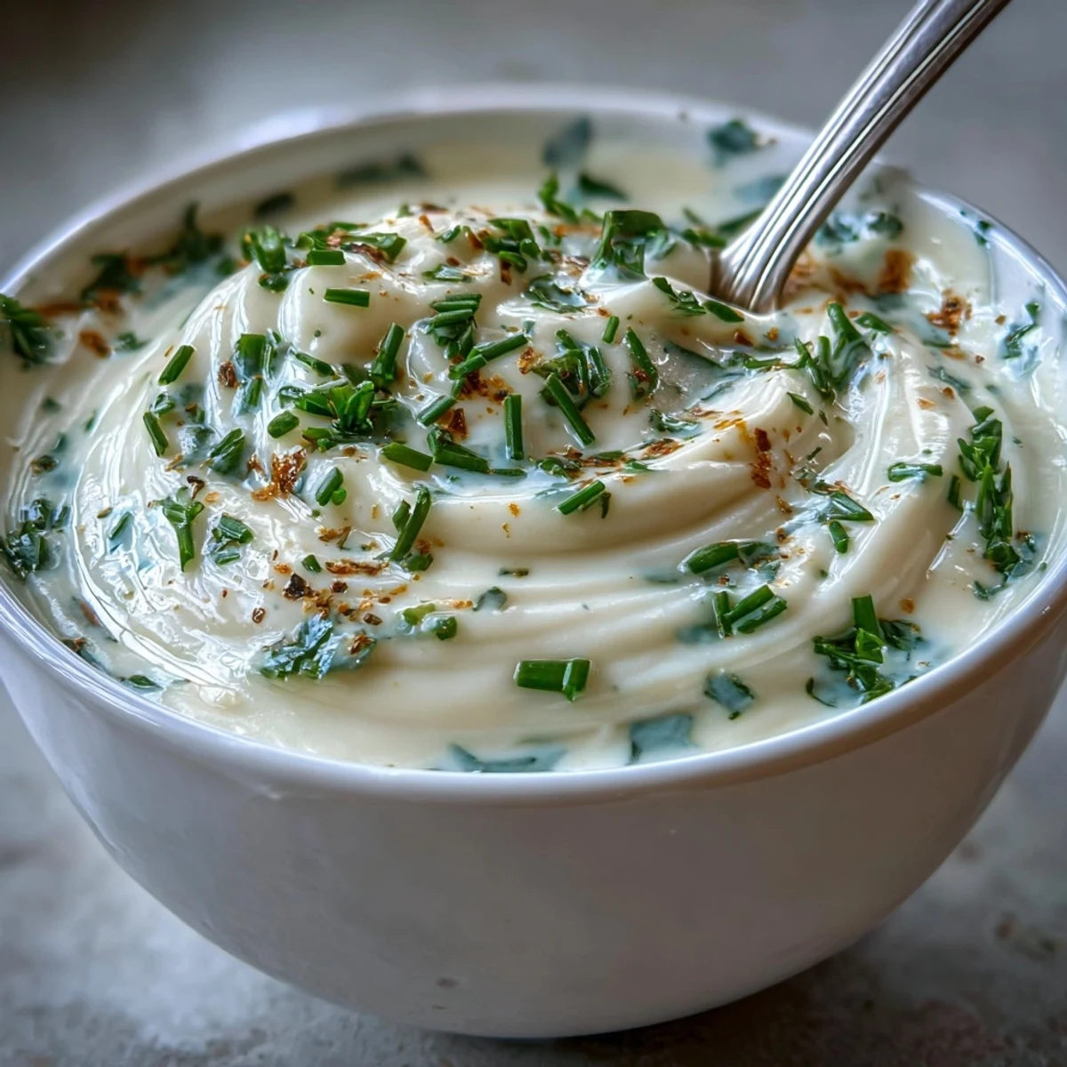 A smooth, creamy bowl of Celery Root Bisque garnished with fresh chives and a drizzle of cream.