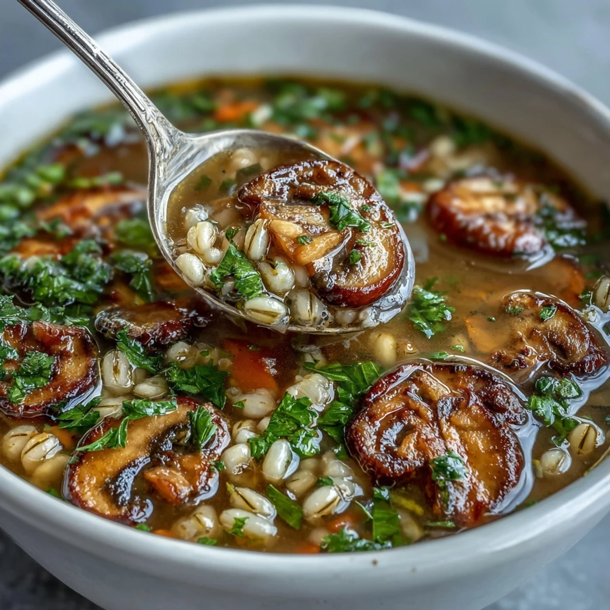 Thick, rustic Mushroom and Barley Soup in a ceramic bowl, garnished with fresh parsley and a hint of lemon, ready to enjoy.  