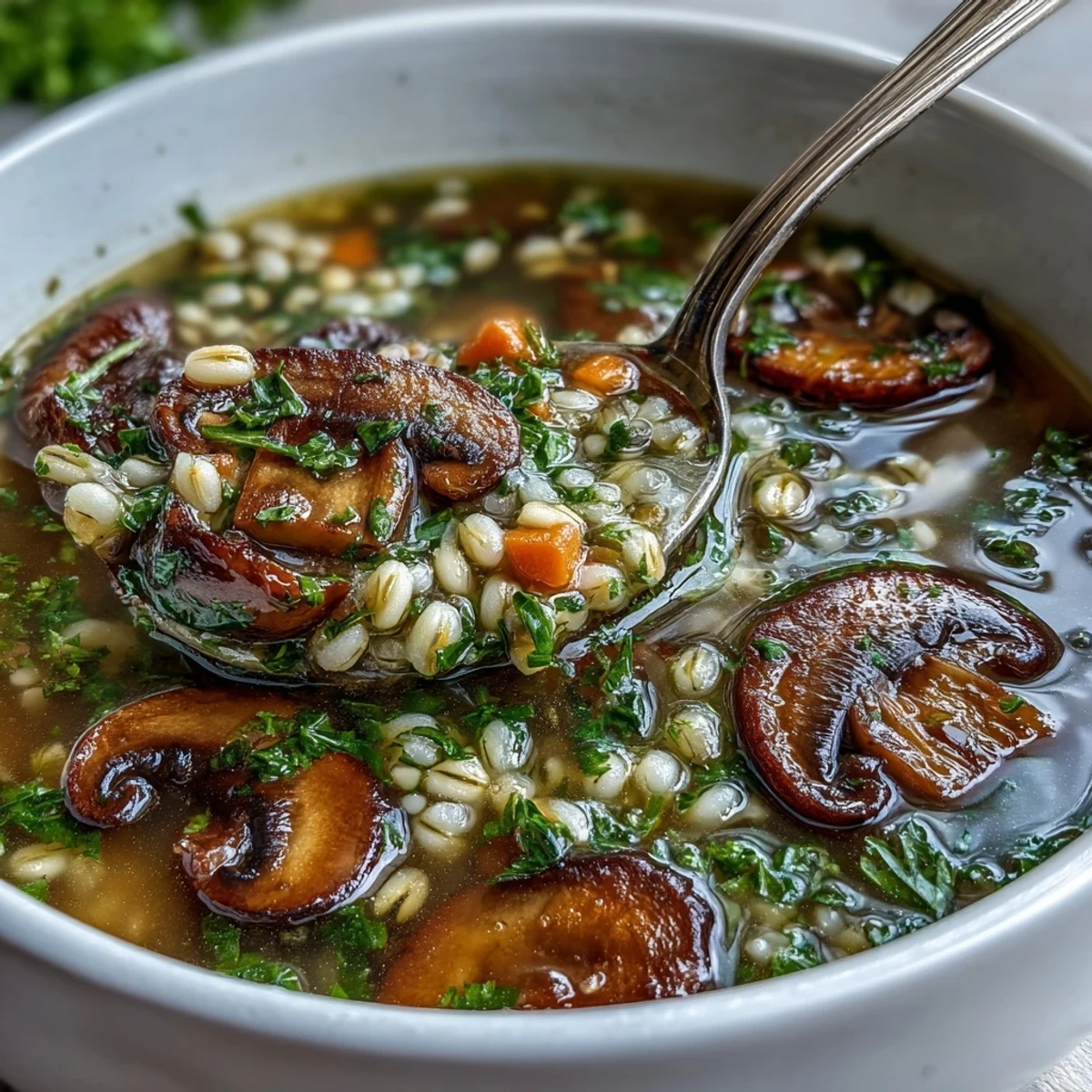A close-up of steaming Mushroom and Barley Soup in a rustic bowl, featuring tender sliced mushrooms and chewy pearl barley in a rich, vegetable broth.  