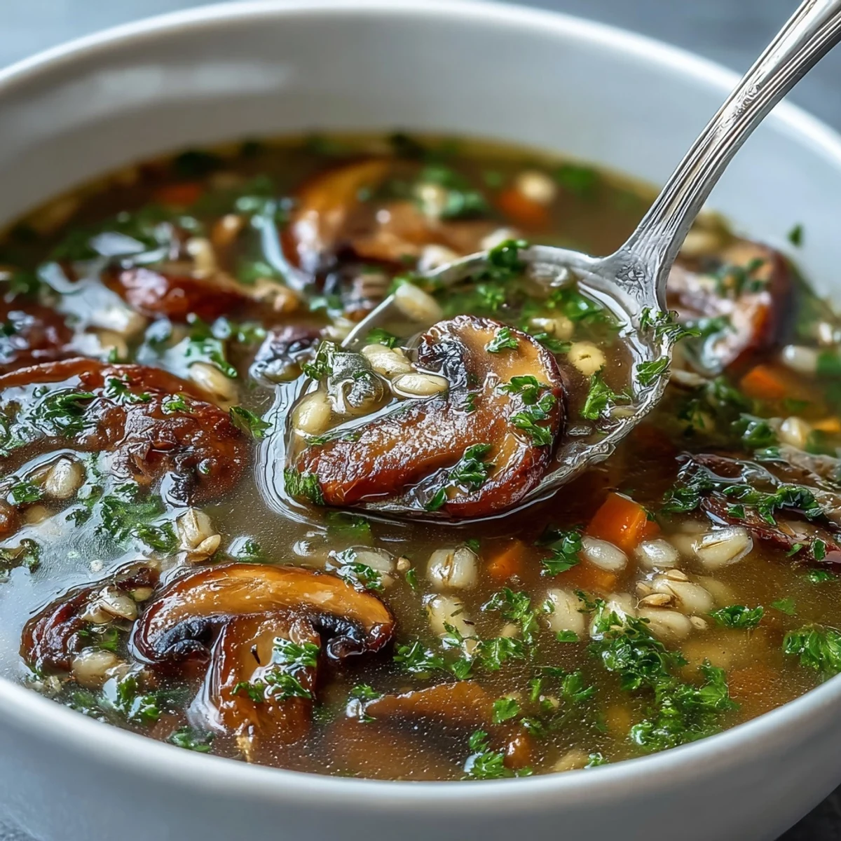 Hearty Mushroom and Barley Soup simmering in a pot on the stove, with carrots, celery, and thyme visible in the savory broth.
