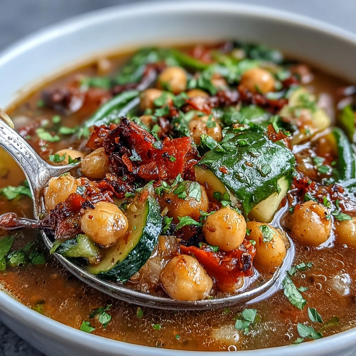 Golden Chickpea Stew simmering in a pot, with vibrant carrots, celery, and red bell pepper visible in the thick, aromatic broth.