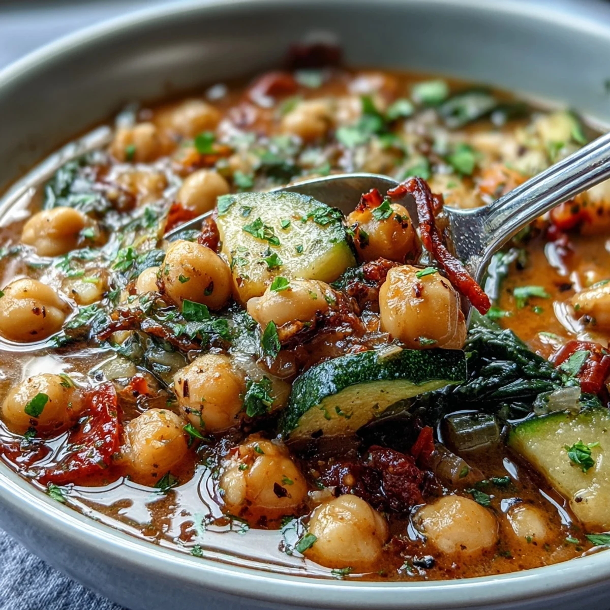 Hearty Chickpea Stew in a rustic pot, featuring tender zucchini, spinach, and chickpeas in a smoky tomato-based broth.