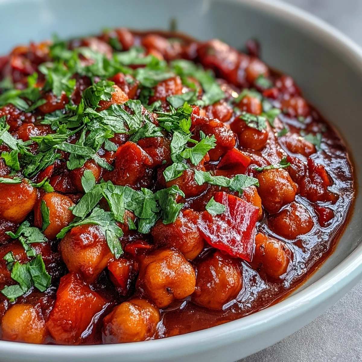 Spoon dipping into a rich, tomato-based Spicy Chickpea Stew, highlighting the tender chickpeas and diced red bell pepper.