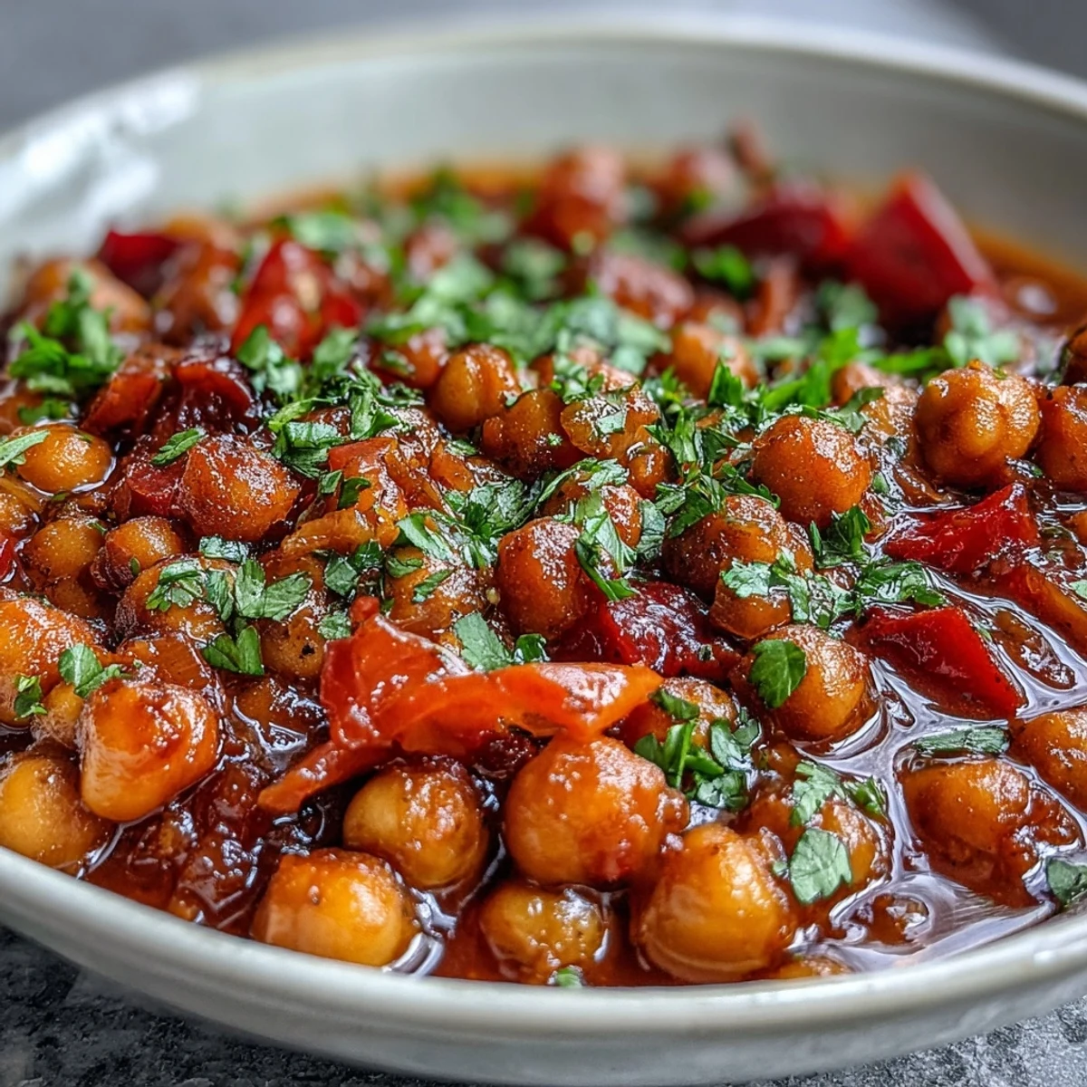 A steaming bowl of Spicy Chickpea Stew, garnished with fresh cilantro and served alongside crusty artisan bread.