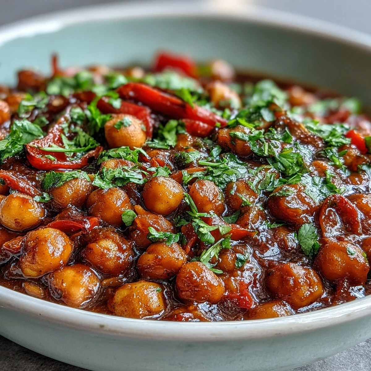 Vibrant, plant-based Spicy Chickpea Stew simmering in a rustic pot, ready to serve over fluffy white rice.