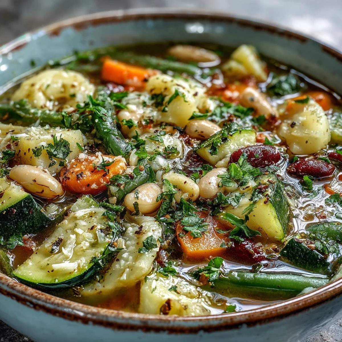 A steaming bowl of minestrone vegetable soup with tender pasta, beans, and wilted spinach, garnished with fresh parsley.
