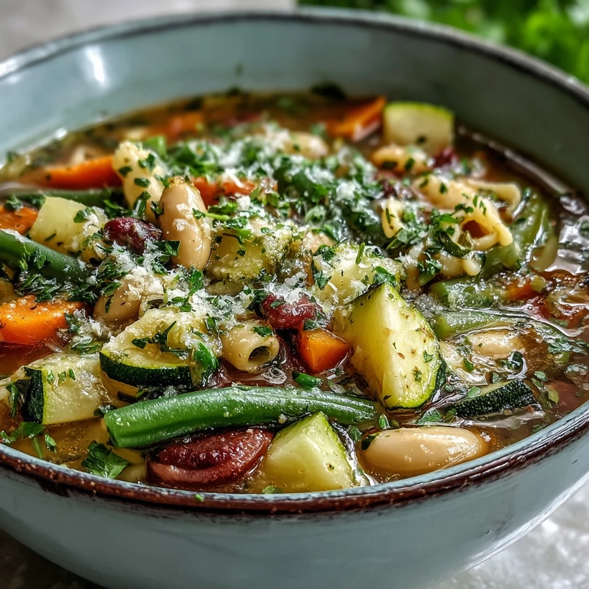 Hearty Italian minestrone soup simmering with colorful vegetables, cannellini beans, and ditalini pasta in a rich tomato broth.