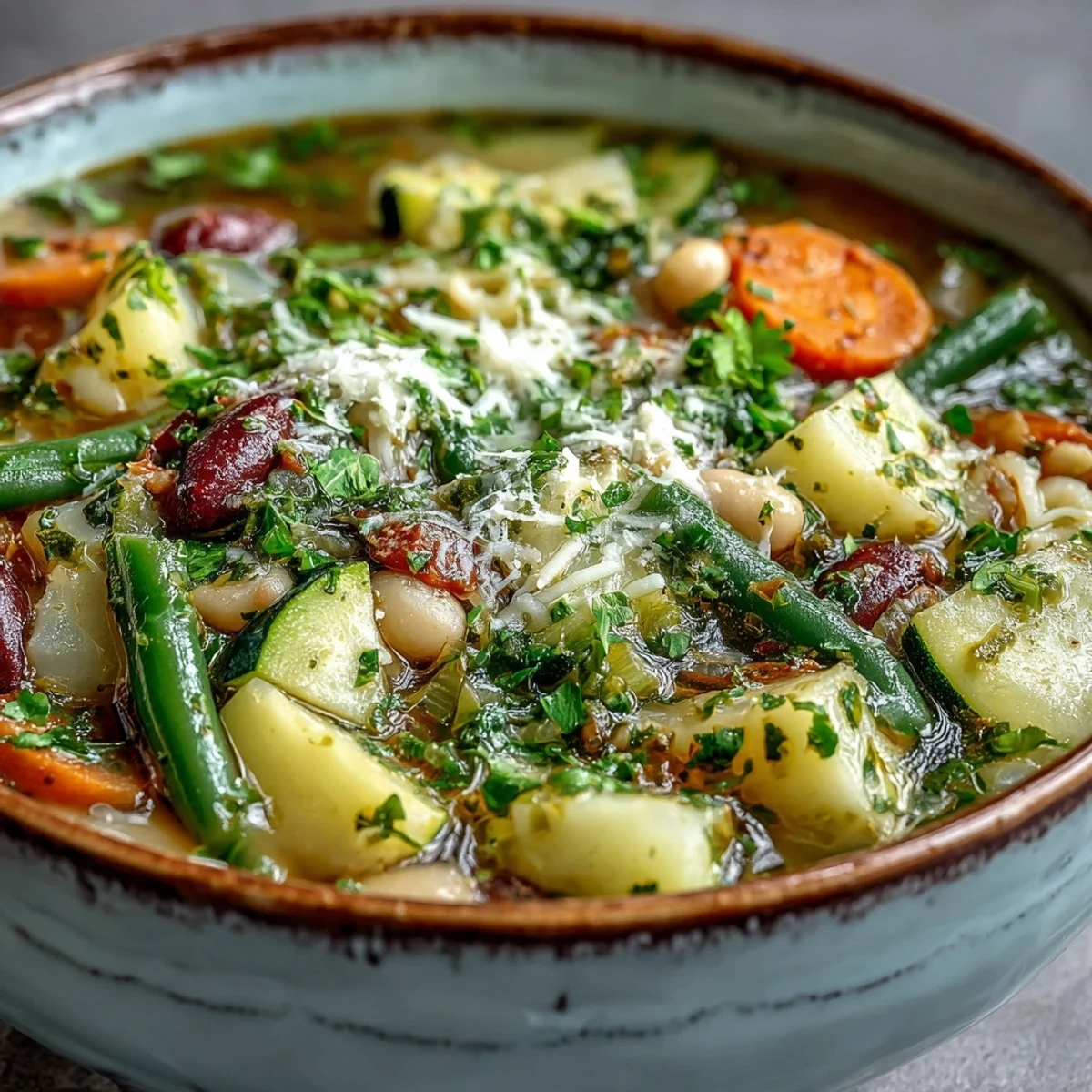 A comforting serving of minestrone vegetable soup topped with Parmesan and herbs, alongside crusty bread for dipping.