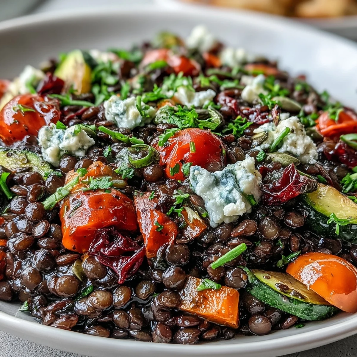 A vibrant Black Lentil Salad with roasted bell peppers, zucchini, and red onion glistening with lemon dressing, topped with feta and seeds.