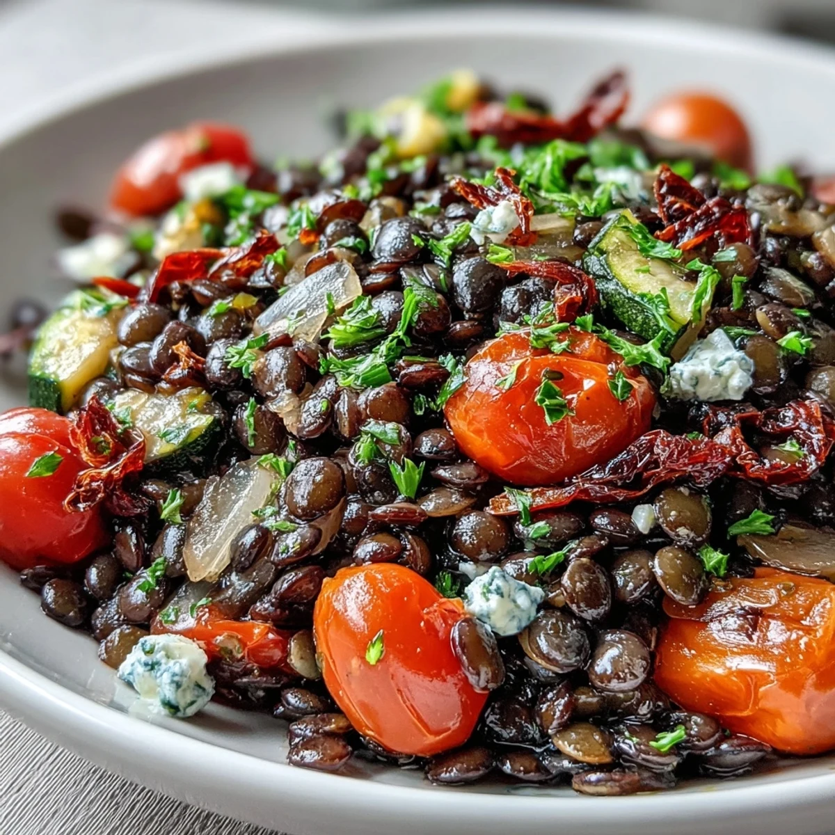 Close-up of a fresh Black Lentil Salad, showcasing ruby-red cherry tomatoes, diced carrots, and crumbled feta tossed in a zesty lemon vinaigrette.