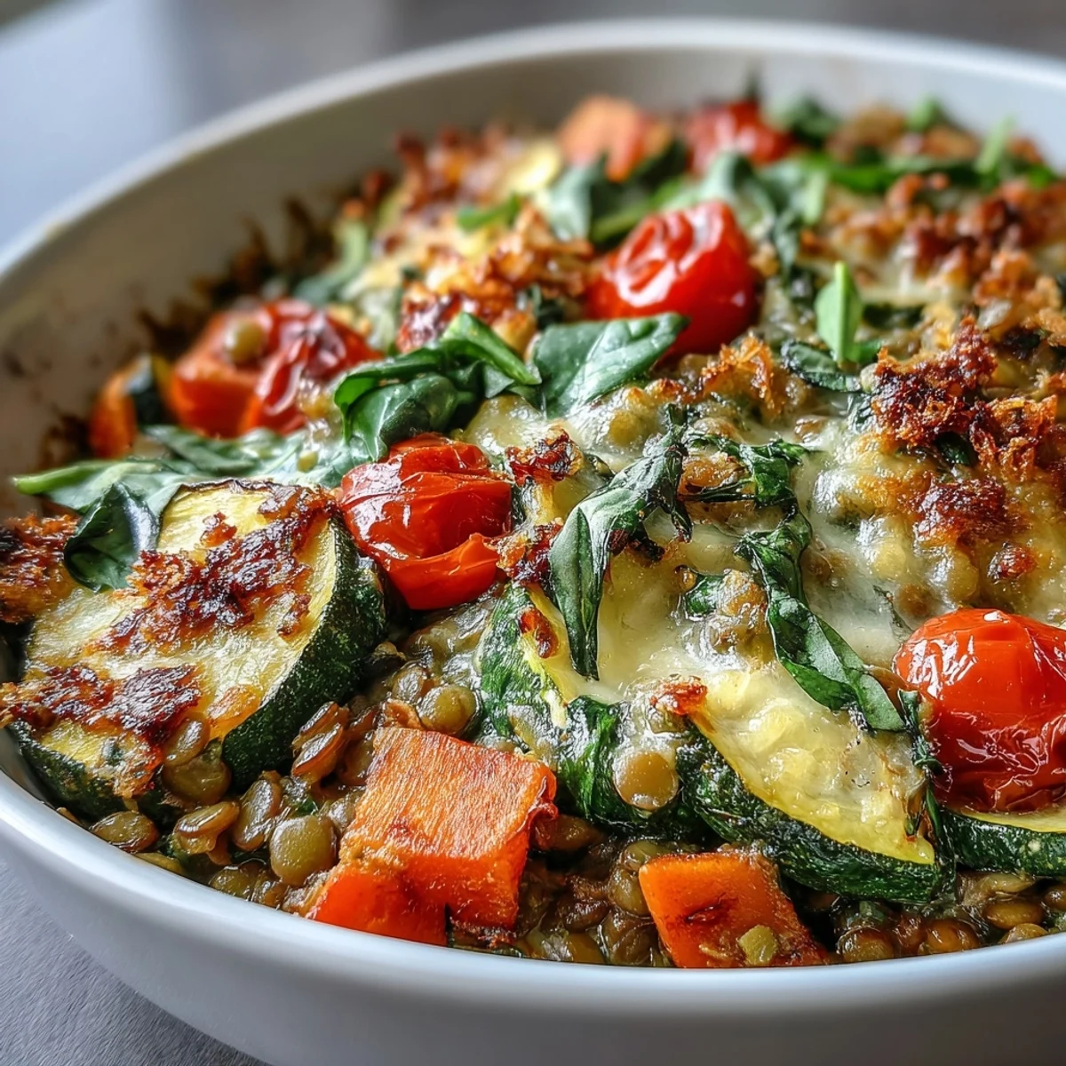 Golden-brown Green Lentil and Vegetable Casserole bubbling with melted Parmesan topping, served with fresh greens.