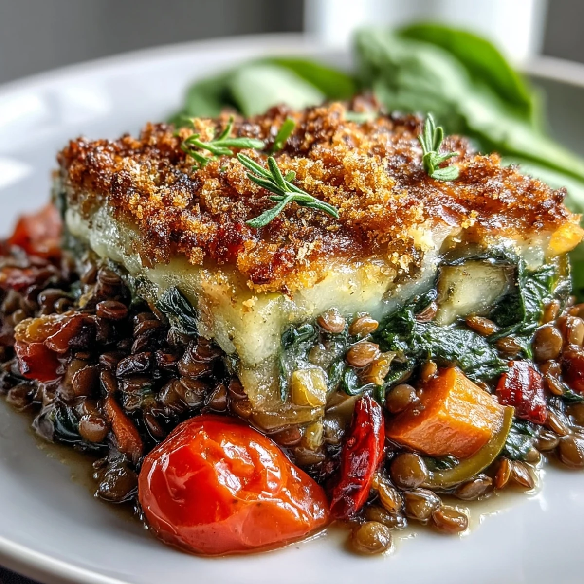 Rustic casserole dish with tender green lentils and roasted vegetables, perfect for a comforting family meal.