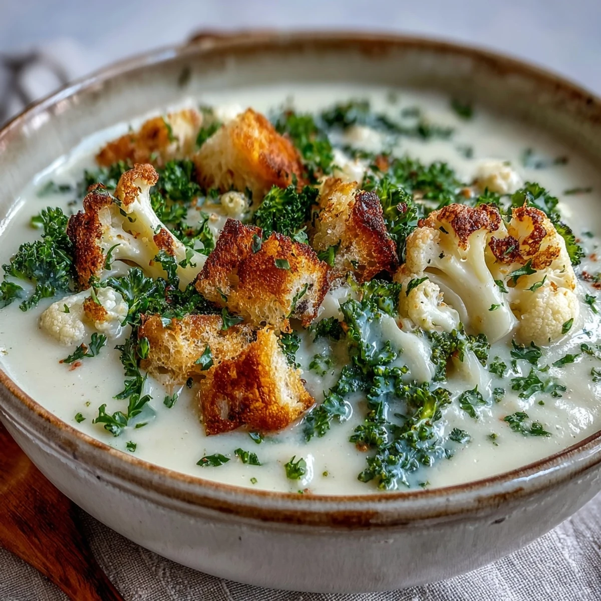 Creamy cauliflower and broccoli soup served hot in a white bowl, topped with golden croutons and fresh parsley for a comforting vegetarian meal.