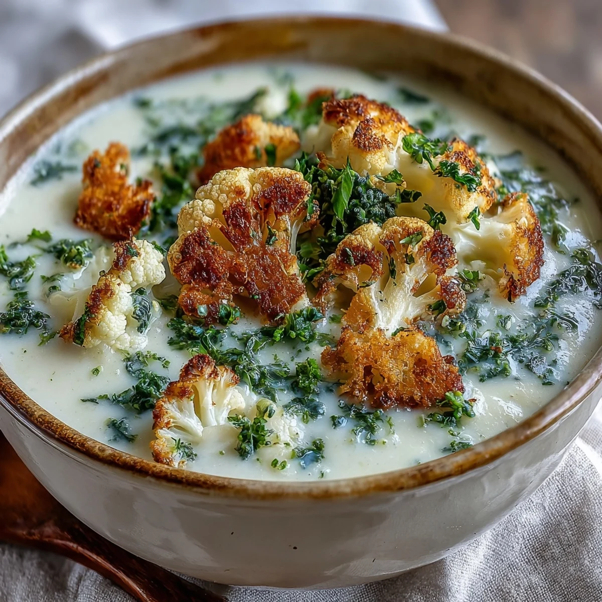 A smooth, blended cauliflower and broccoli soup garnished with herbs and croutons, perfect for chilly days or easy weeknight dinners.