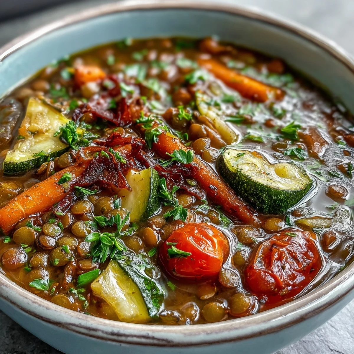 A bowl of warm Lentil and Vegetable Soup garnished with fresh parsley and a lemon wedge.  