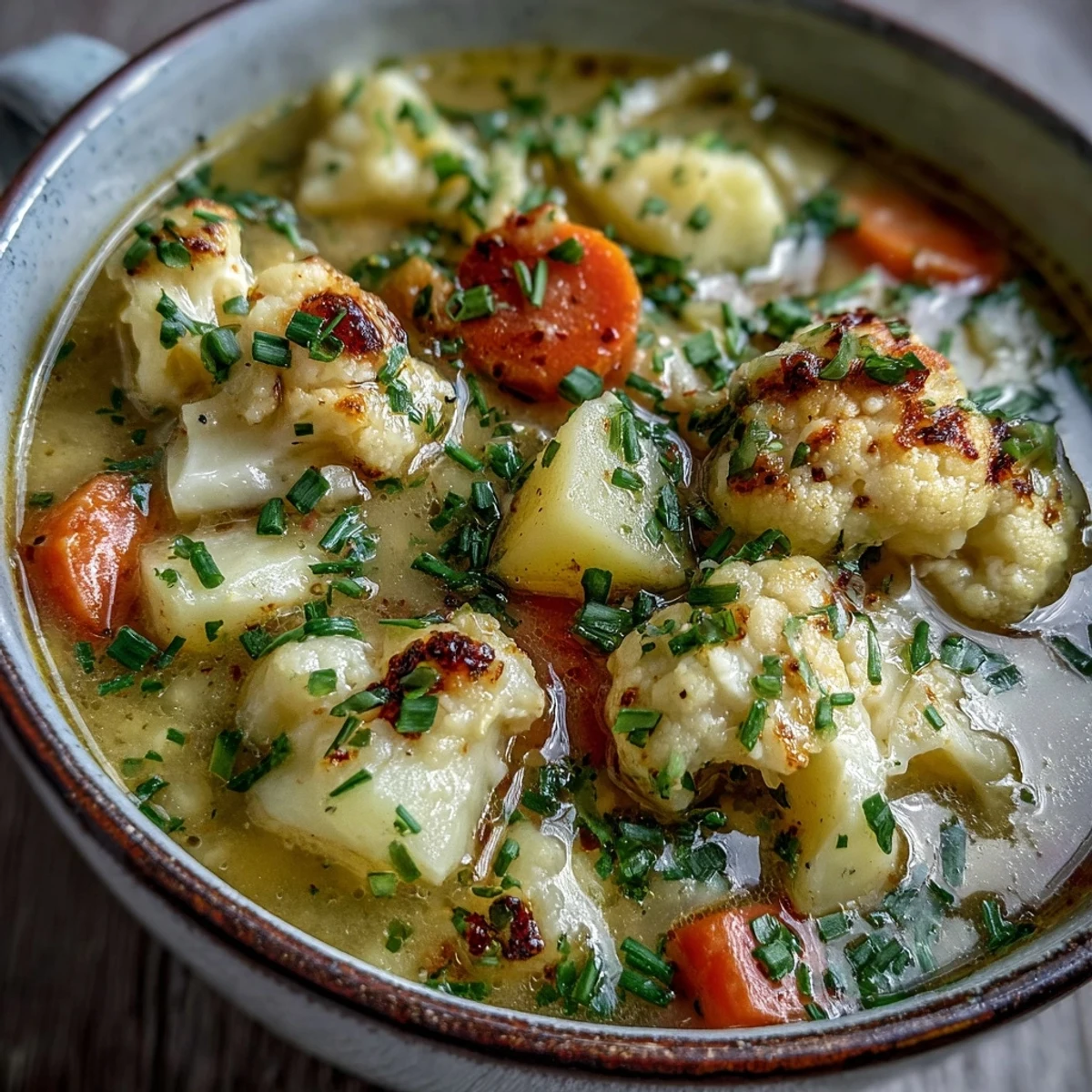 A warm bowl of Vegetarian Cauliflower Chowder, garnished with fresh chives and a side of crusty bread for dipping.
