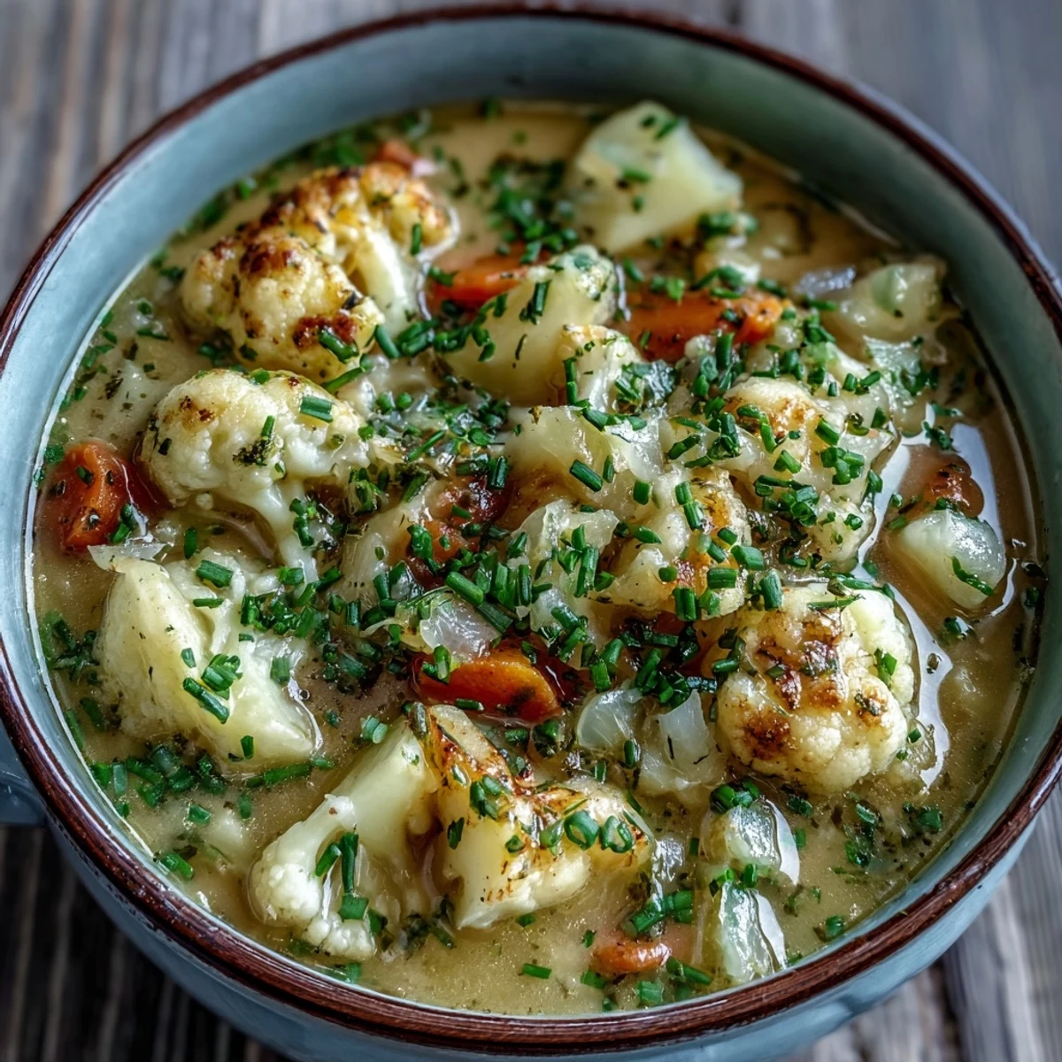 Hearty Vegetarian Cauliflower Chowder simmering in a pot, showcasing tender cauliflower florets, diced potatoes, and carrots in a creamy broth.