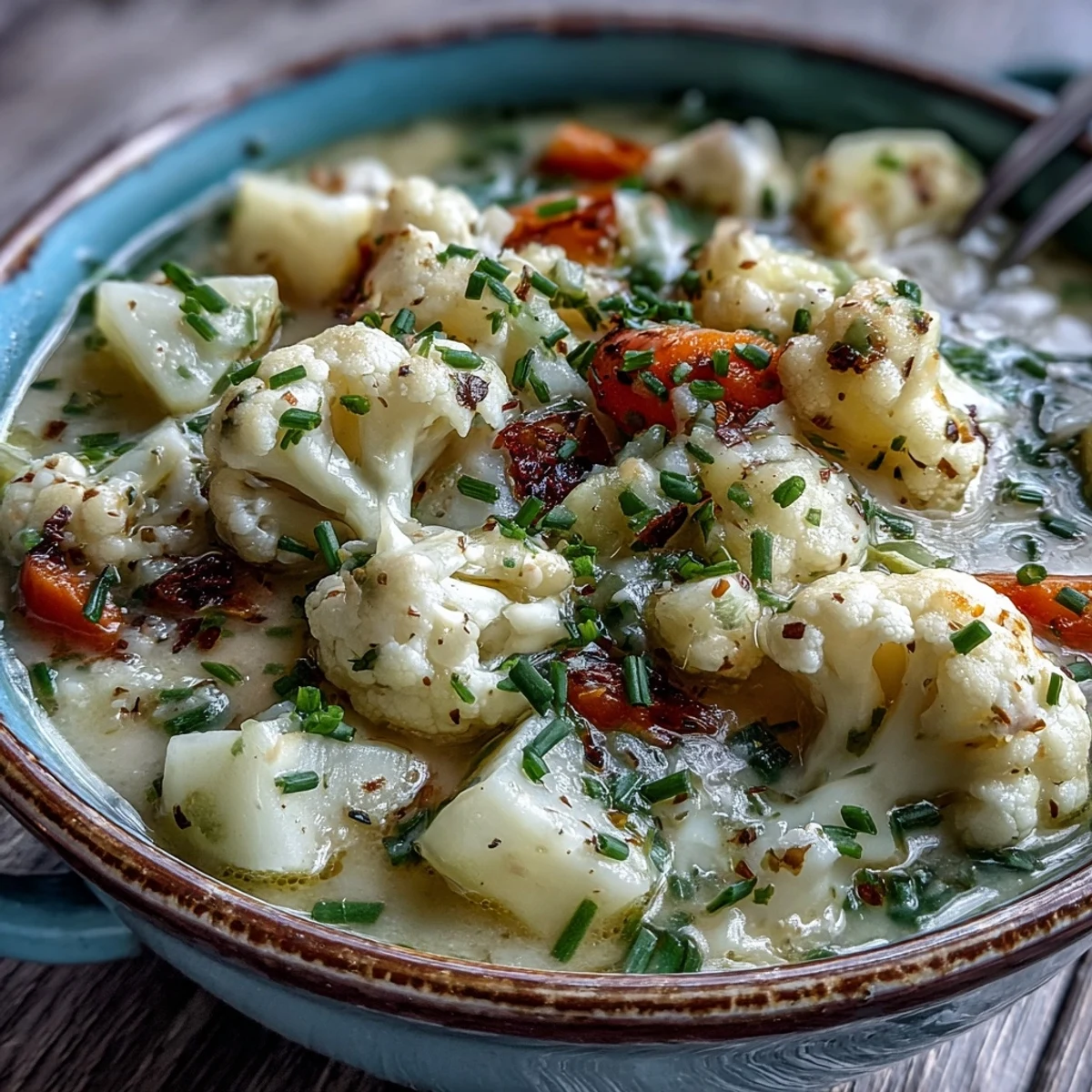 Close-up of Vegetarian Cauliflower Chowder in a rustic bowl, topped with shredded cheese and fresh parsley for extra flavor.