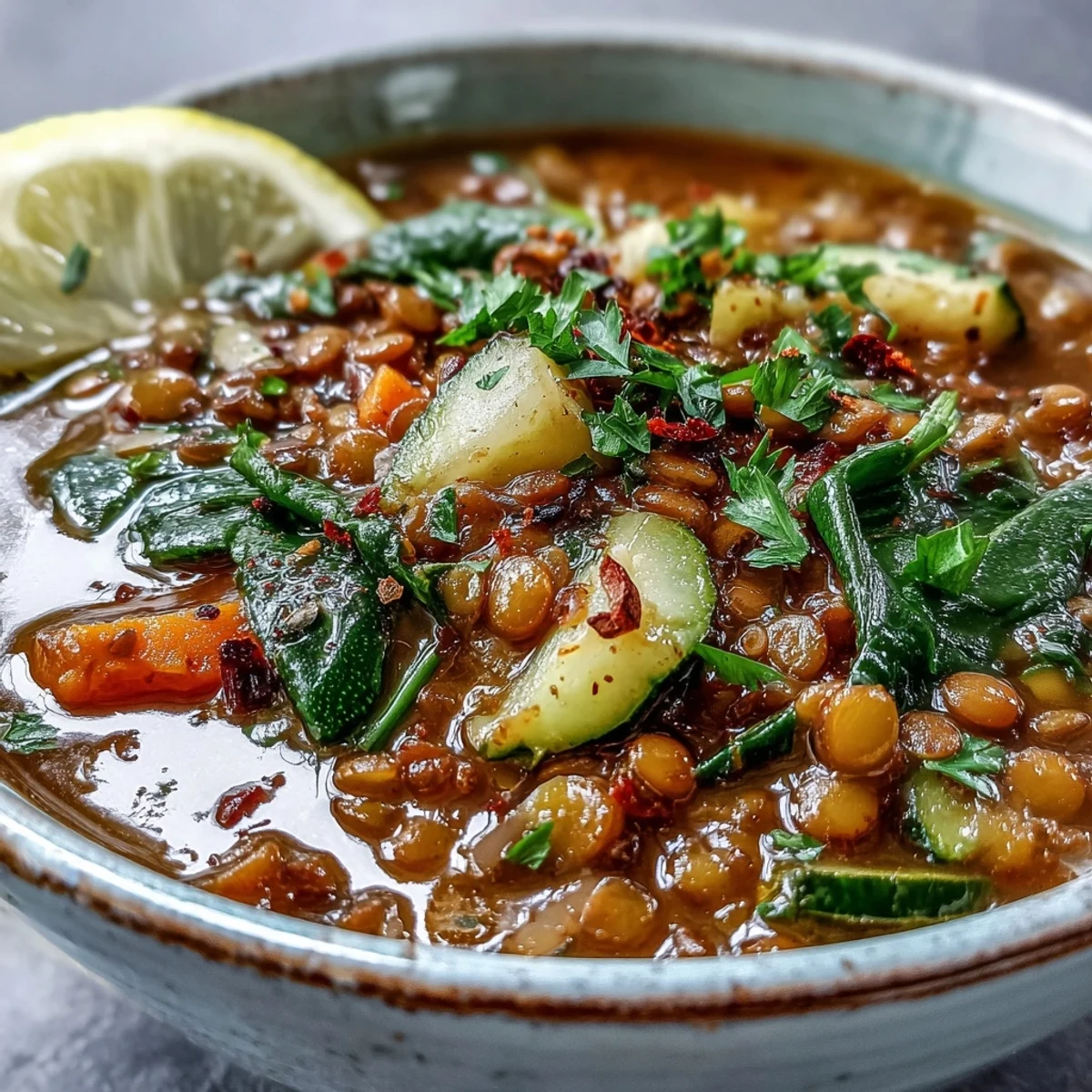 A steaming bowl of homemade Lentil Soup, filled with brown lentils, diced carrots, celery, and wilted spinach in a rich, spiced broth.