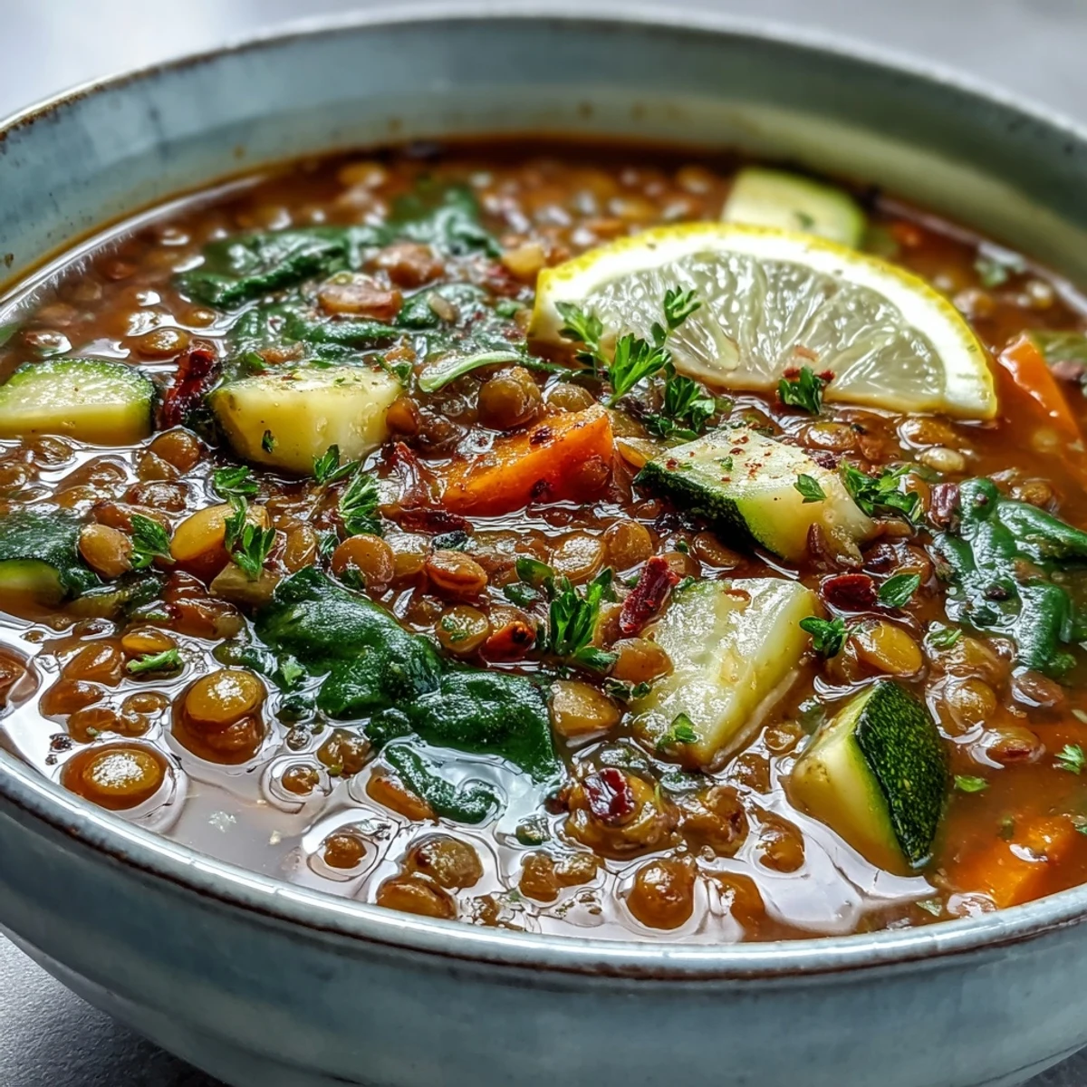 Close-up of Lentil Soup garnished with fresh parsley and a lemon wedge, highlighting its vibrant colors and hearty texture.
