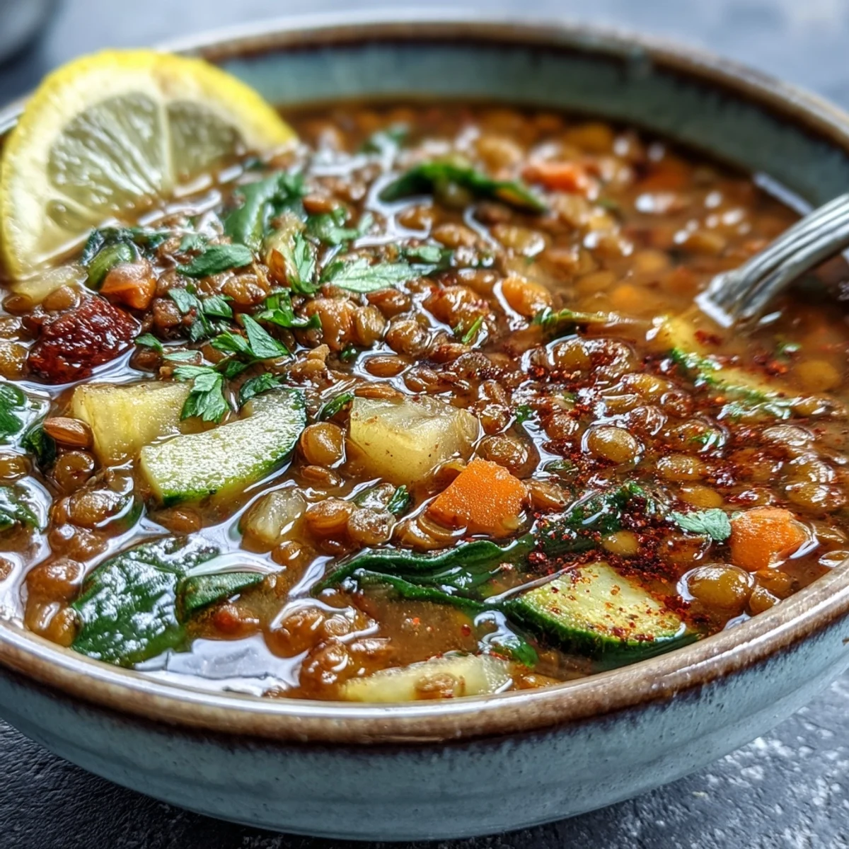 Lentil Soup simmering in a large pot, revealing tender zucchini and aromatic herbs, with a wooden spoon ready to serve.