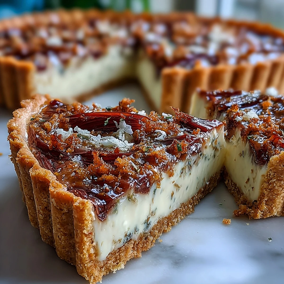 Overhead view of a freshly sliced Rhubarb, White Chocolate, and Elderflower Tart, revealing creamy custard and tangy roasted rhubarb.