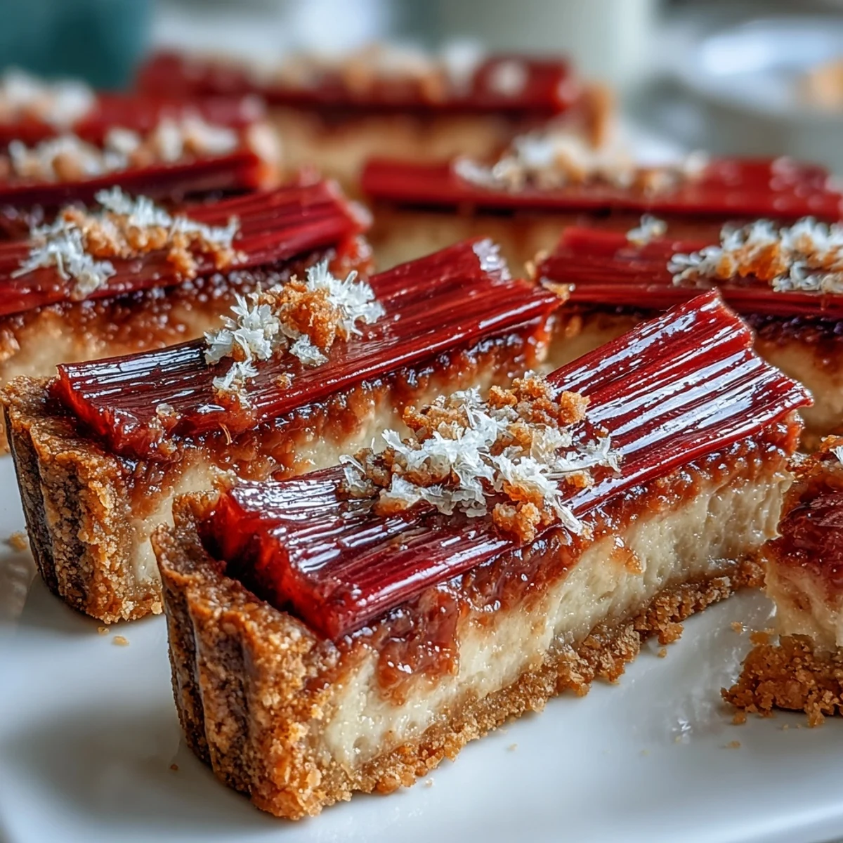 A perfect slice of Rhubarb, White Chocolate, and Elderflower Tart lifted from the pan, ideal for spring gatherings or brunch.
