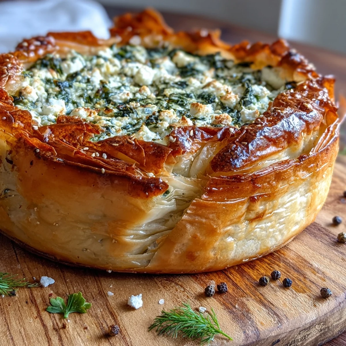 Crisp, golden Feta and Kale Börek tart slices on a plate, filled with savory cheese and wilted greens for a light lunch.
