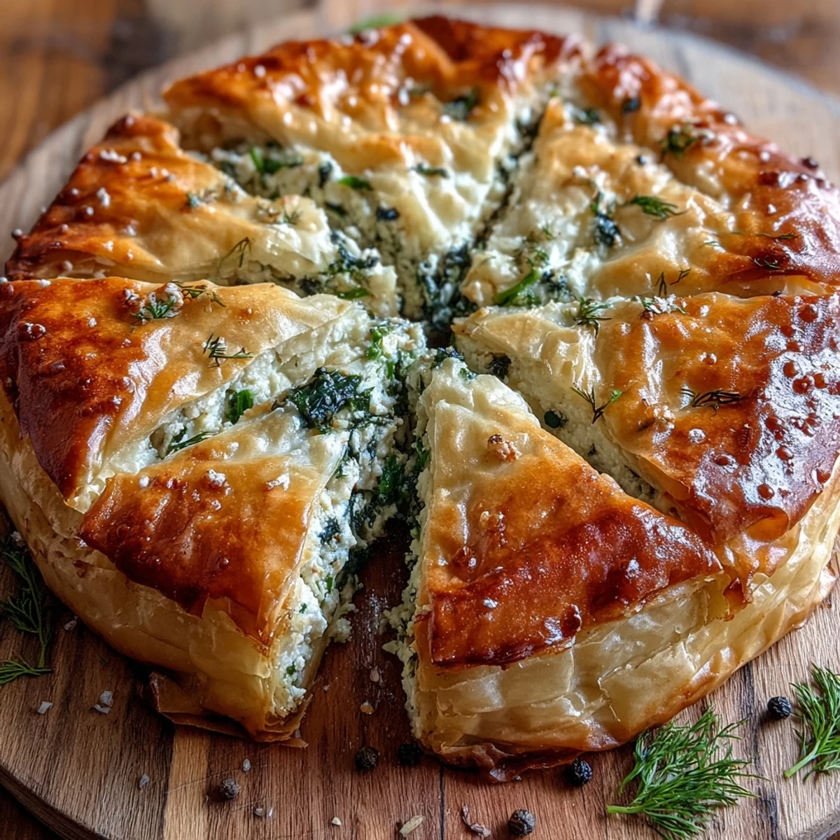 A freshly baked Feta and Kale Börek in a pie dish, featuring flaky filo pastry layers brushed with olive oil and herbs.
