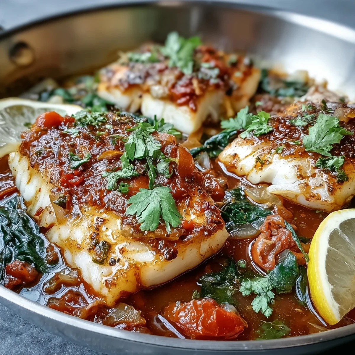 Steamed cod fillets nestled in a vibrant tomato and bell pepper stew, garnished with fresh herbs and lemon slices.