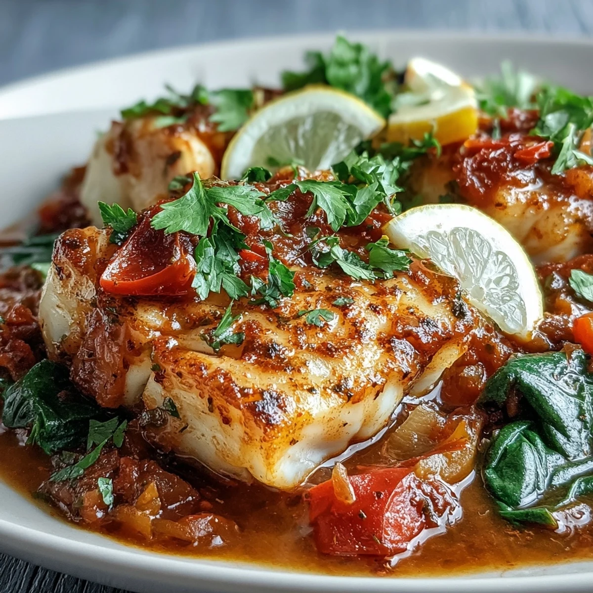 Savory Spiced Cod One Pot simmering with tender vegetables and aromatic spices in a Dutch oven, ready to serve.
