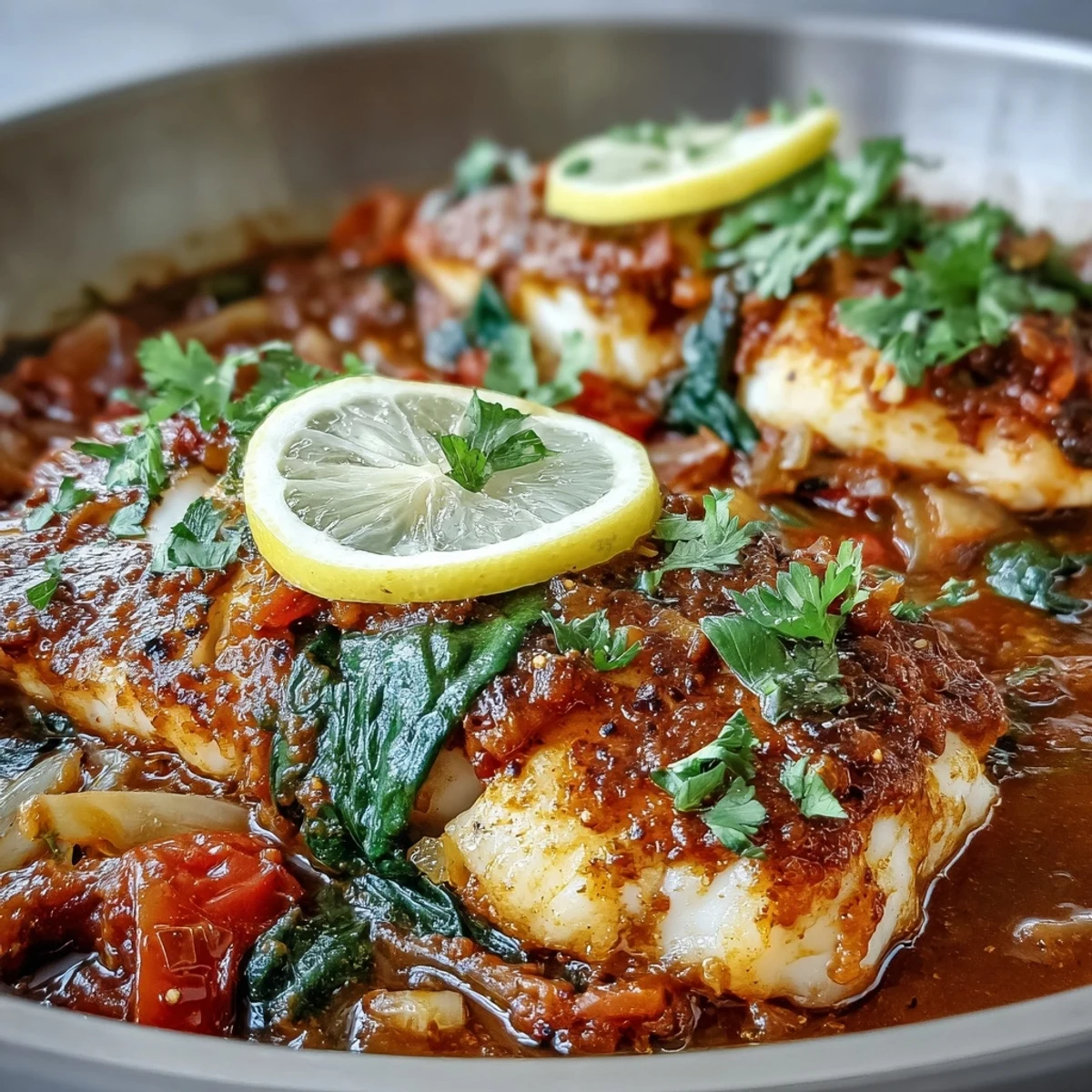 A close-up of flaky Spiced Cod One Pot with spinach and lemon wedges, plated with crusty bread for dipping.
