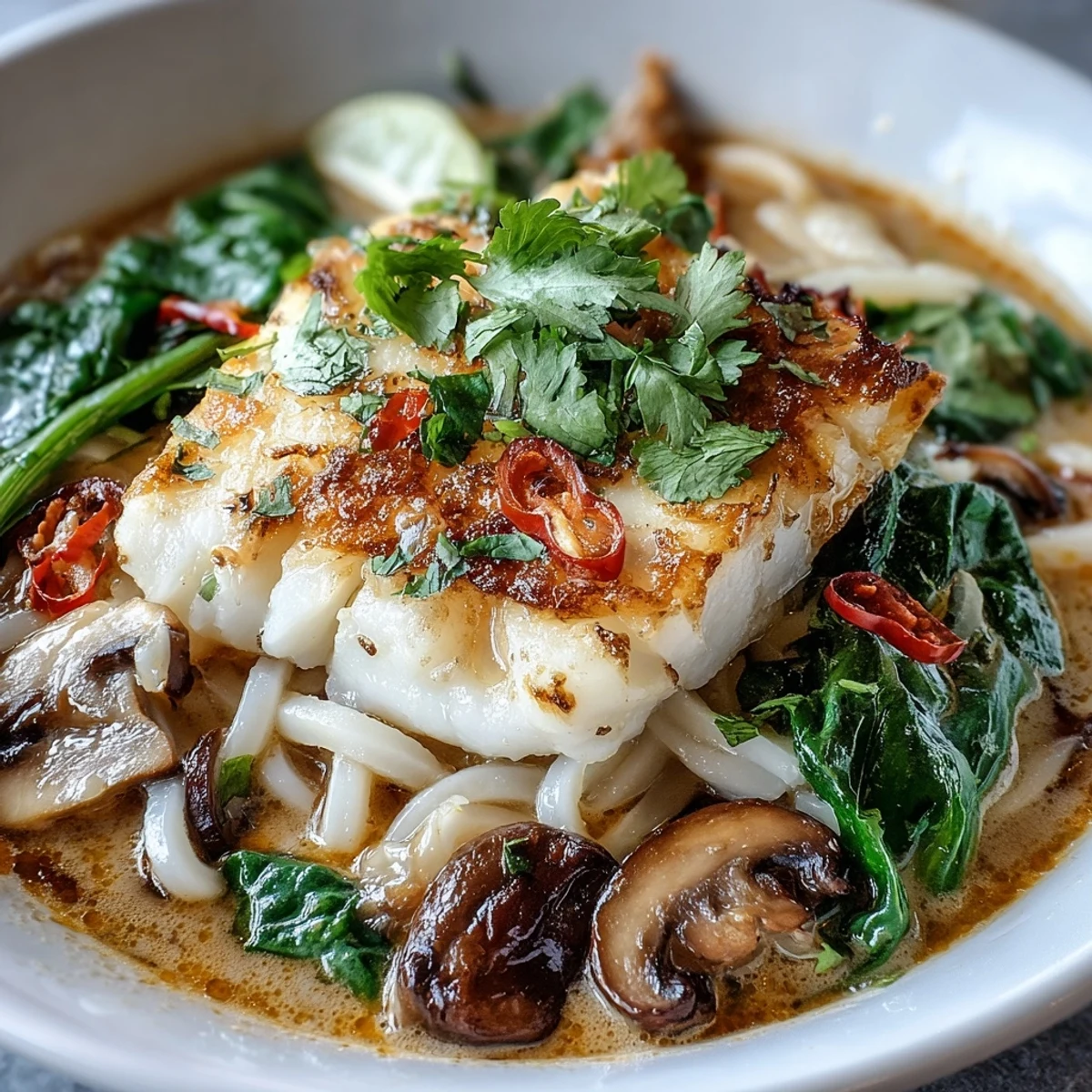 Poached Cod With Spiced Coconut Broth and Udon Noodles garnished with cilantro and sliced scallions in a white bowl.