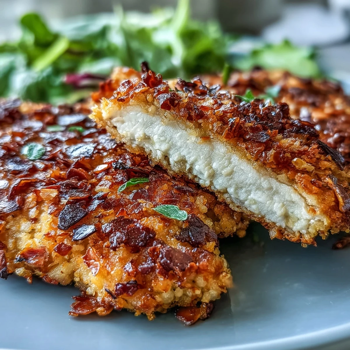 Golden-brown almond-crusted chicken breasts rest beside a vibrant kale salad dotted with red onion and cherry tomatoes.