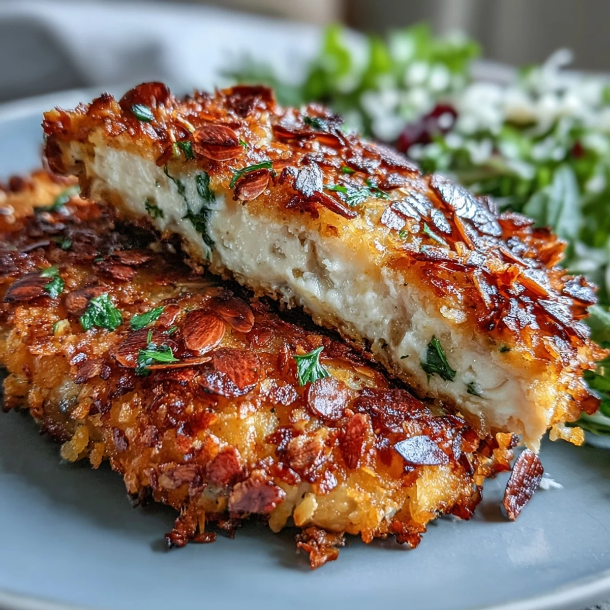 A close-up shows juicy, freshly baked almond-crusted chicken served with a fresh kale and sumac salad.