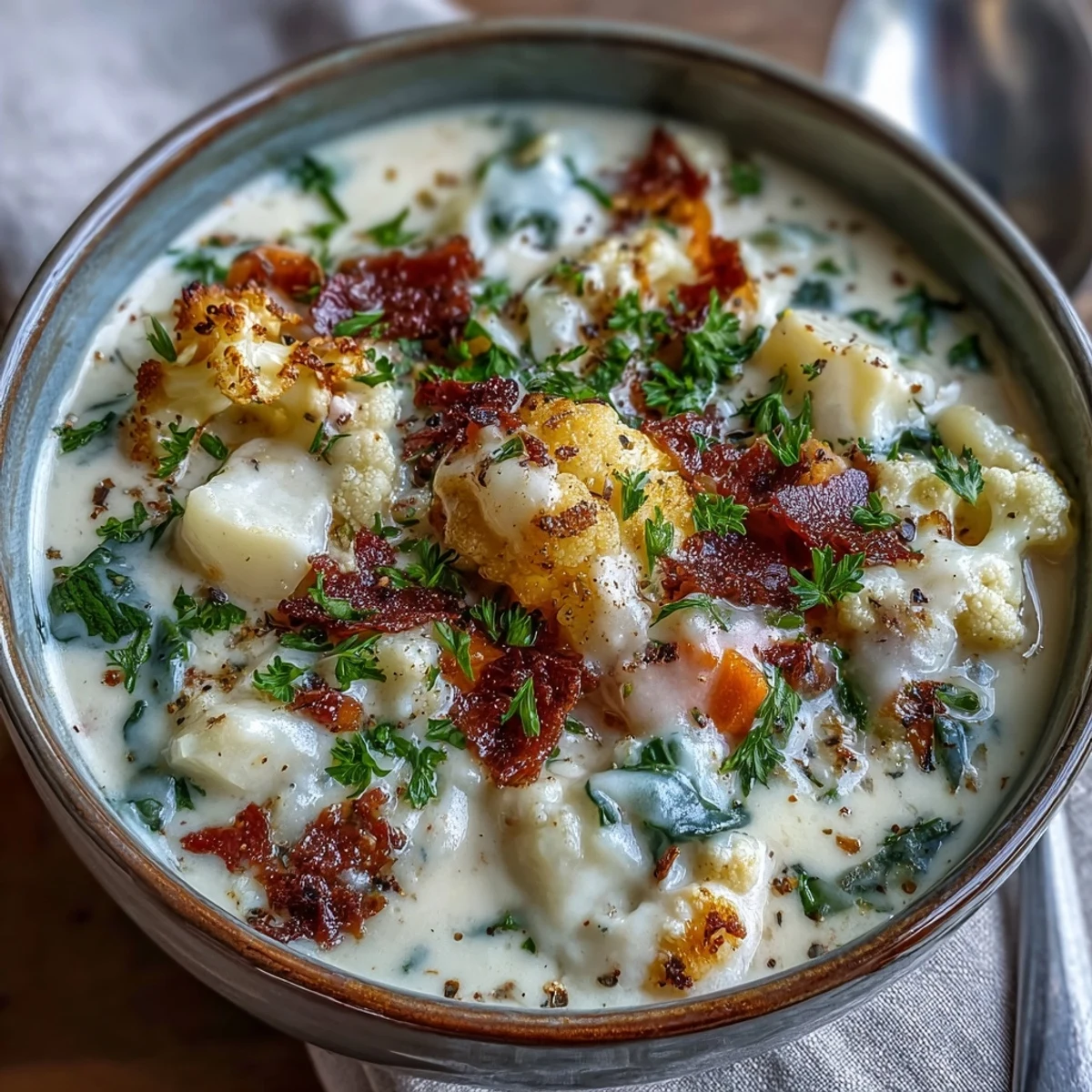 Steaming bowl of Vegetarian Cauliflower Chowder with melted cheddar and fresh parsley garnish.