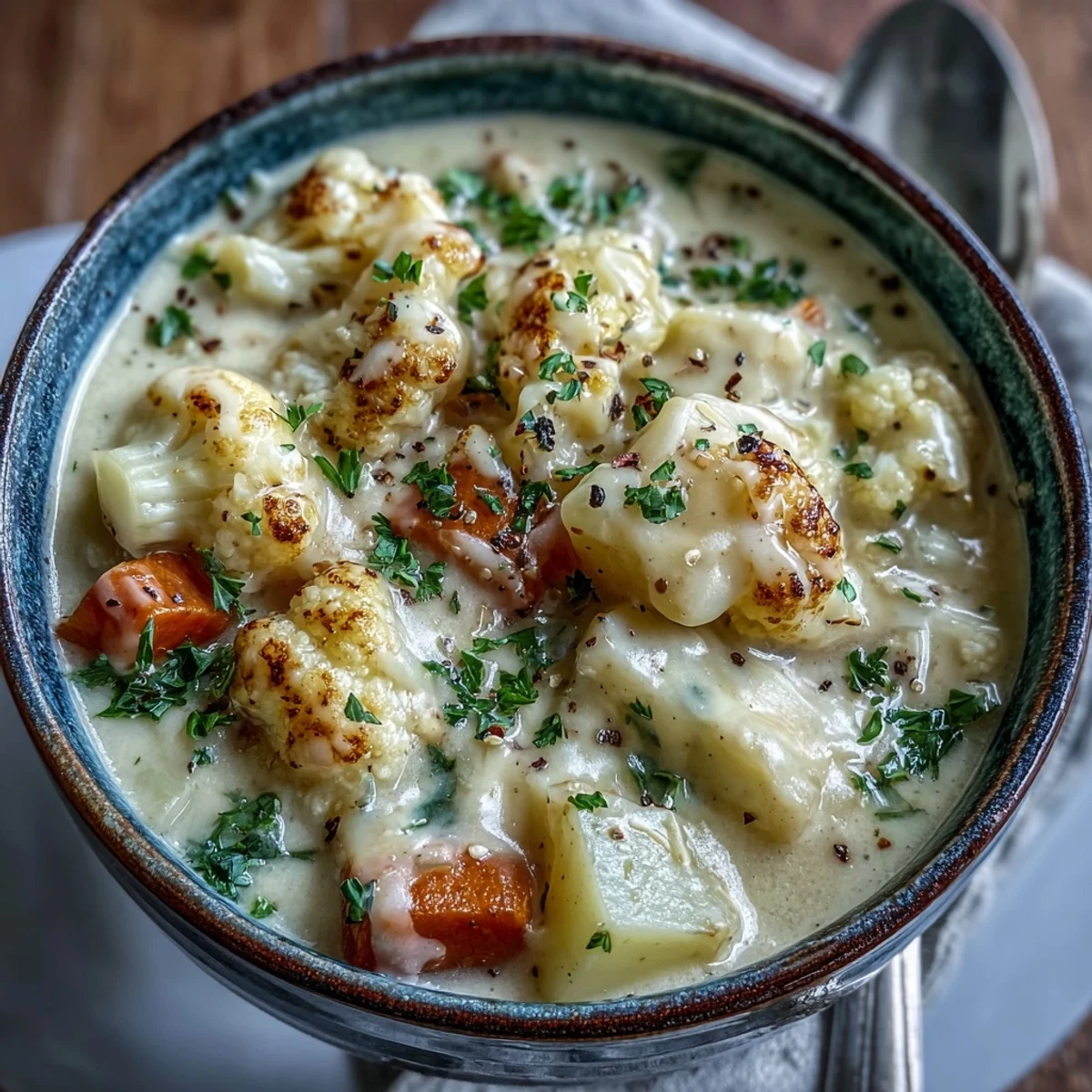 A comforting pot of Vegetarian Cauliflower Chowder blended with tender potatoes and carrots.
