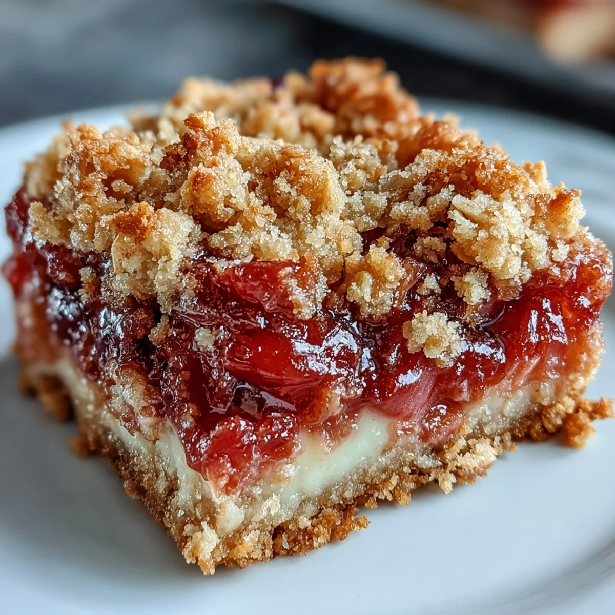 Close-up of golden-baked Rhubarb and Custard Crumble Bars with a thick, creamy vanilla custard layer and tangy red rhubarb peeking through.