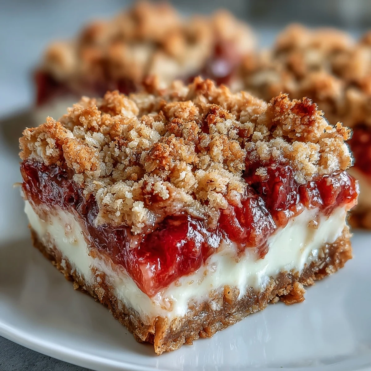 Freshly cut Rhubarb and Custard Crumble Bars are served on a rustic plate, perfect for a sweet springtime dessert or afternoon tea.