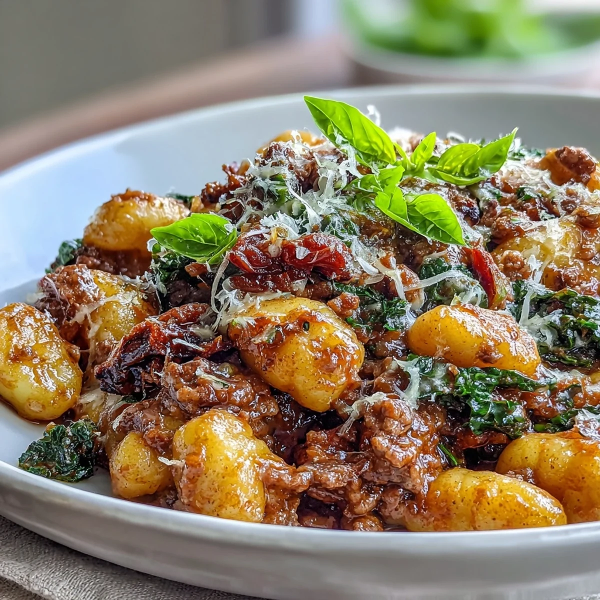 A close-up of Sausage Gnocchi with Kale, featuring crumbled Italian sausage and wilted greens.